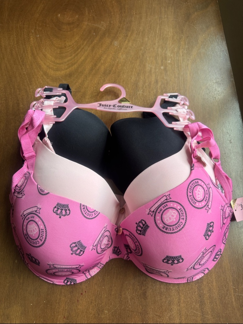 Juicy Couture Pink Logo Print Underwire Bra with Black Cups